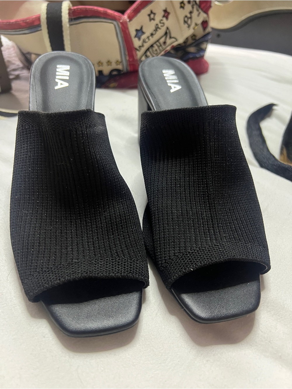 MIA Black Knit Slide Mules